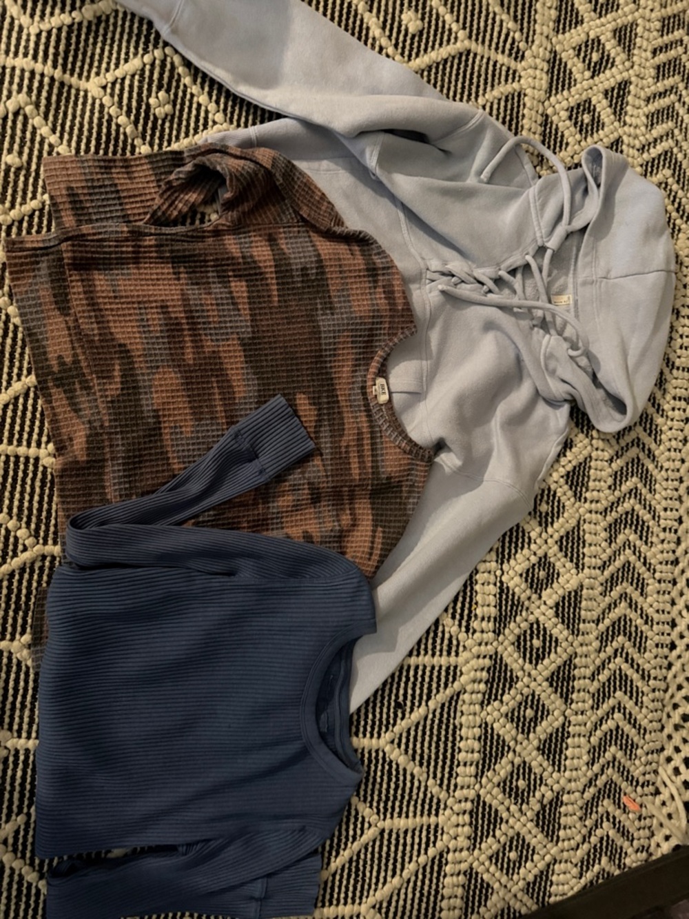 BKE Blue Cropped Ribbed Top, Brown Camo Waffle Crop, Light Blue Hoodie